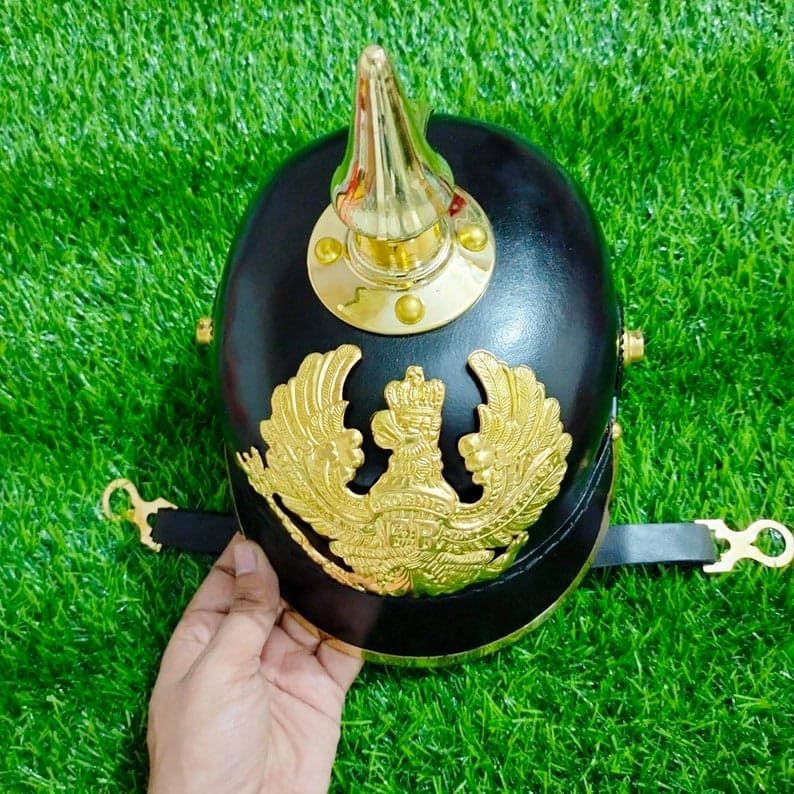 Prussian Pickelhaube Helmet, Black Leather with Brass Eagle, Spike Top, Chin Strap, Military Collectible