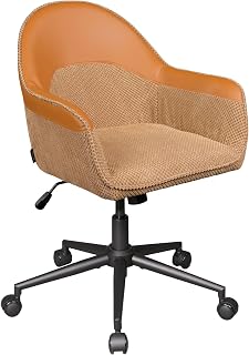 DEVAISE Silla de Escritorio, Silla de Oficina Ergonómica Giratoria e 360° con Ruedas y Altura Regulable de PU y Tela de Algodón-Lino, Carga de 135kg, para Estudio, Dormitorio, Marrón