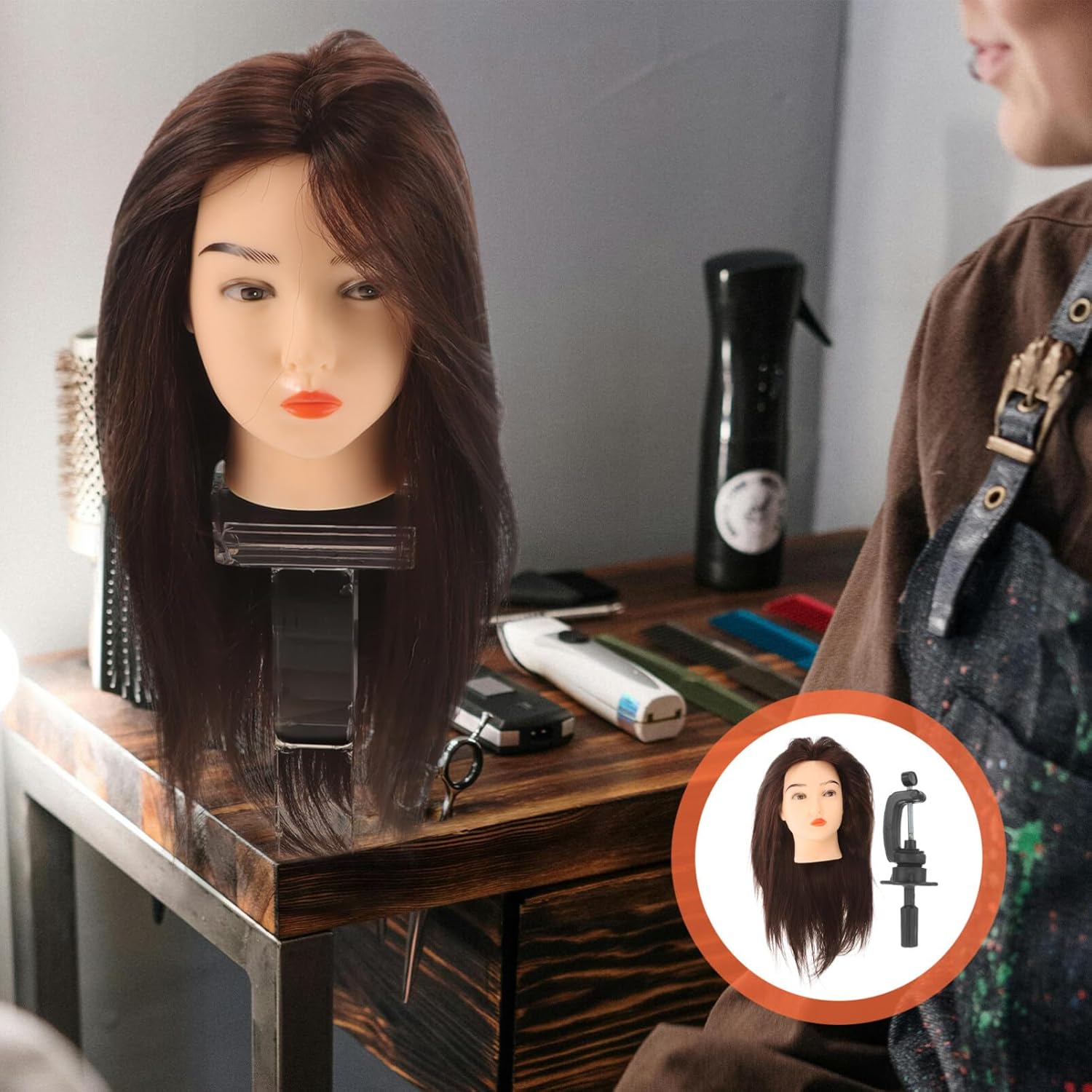 1set Human Hair Mannequin for Practice Styling Braiding Holder Realistic Cosmetology Model for Hairdresser Training and Makeup Application