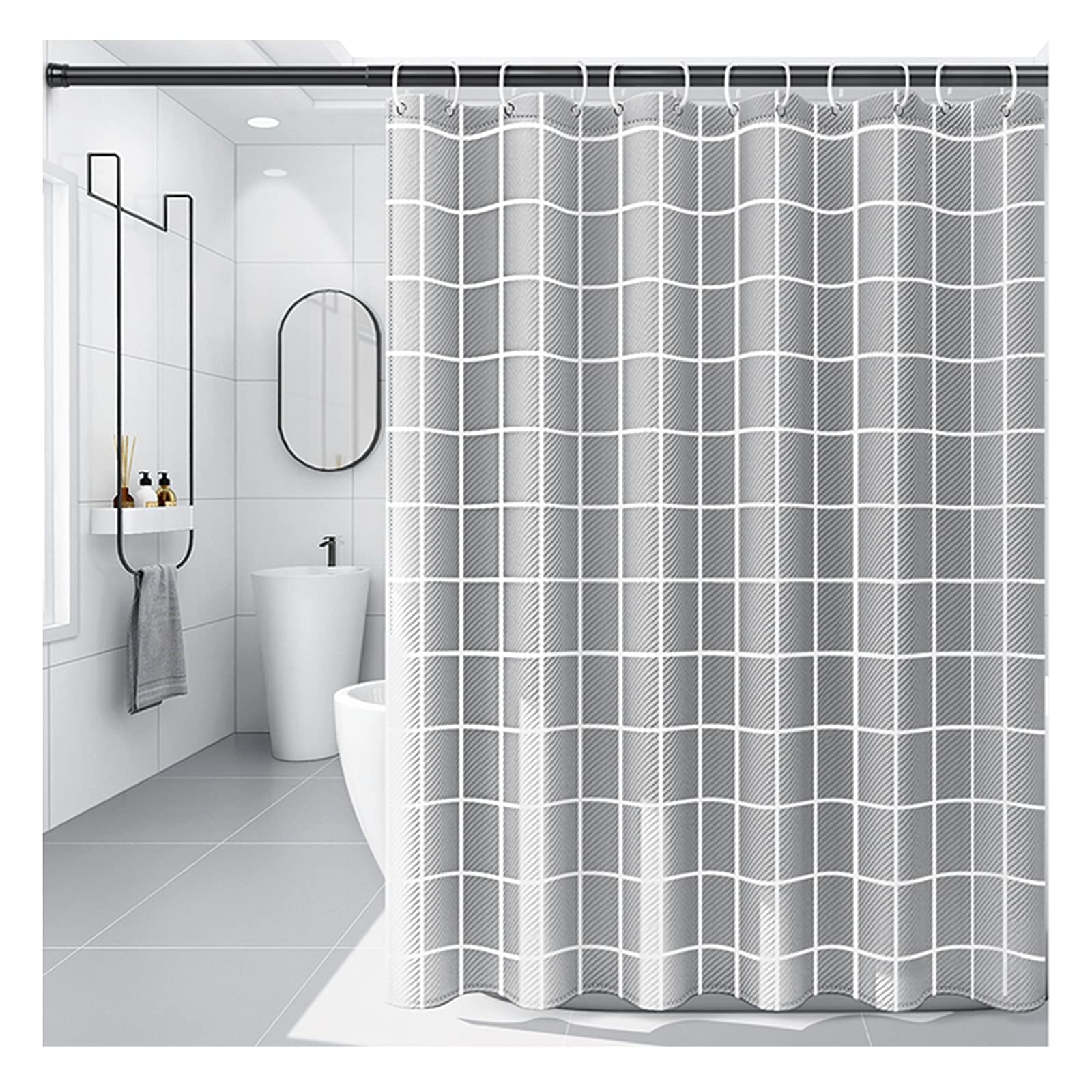 Rideau de douche lavable en machine à carreaux gris pour salle de bain familiale