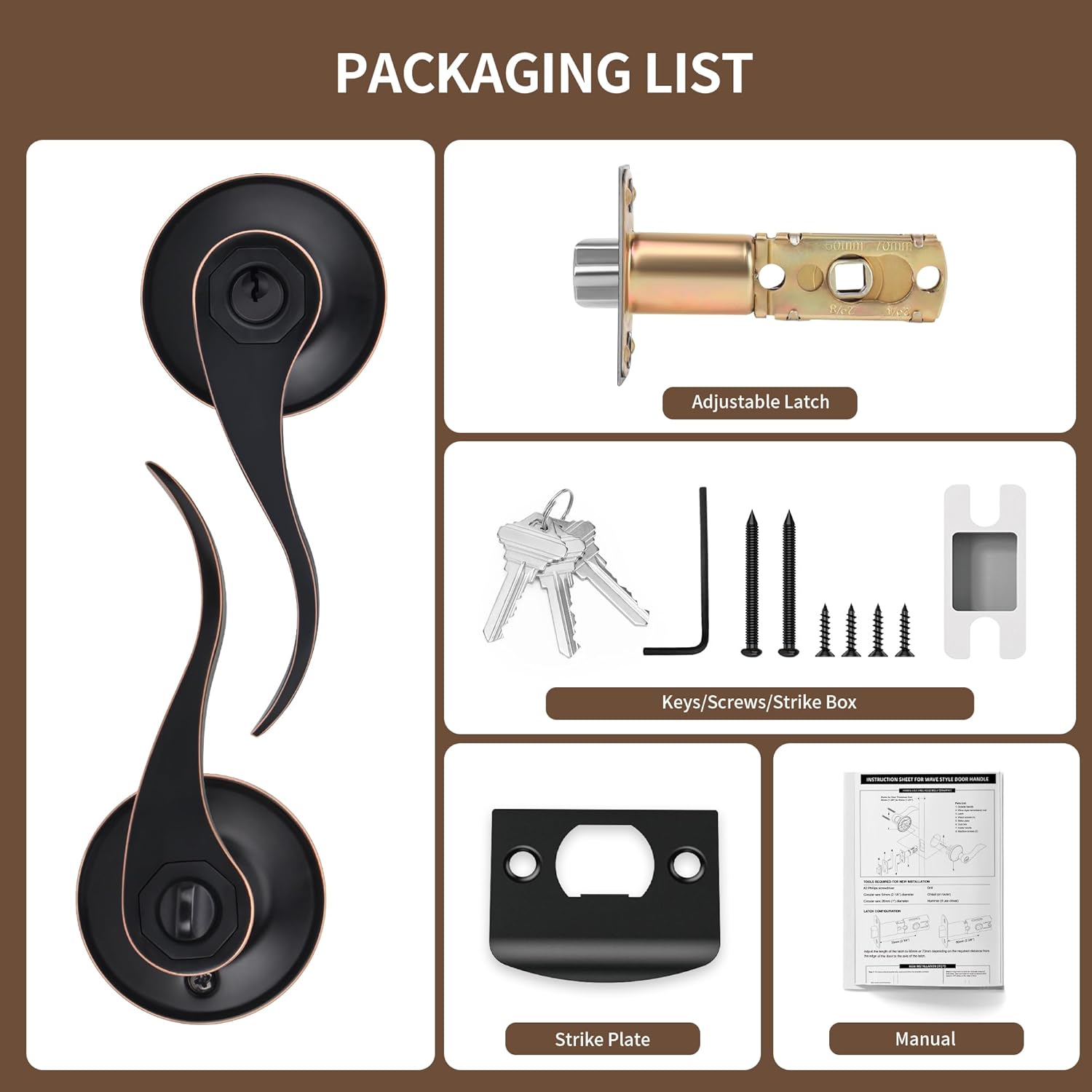 Moquin Wave Design Keyed Entry Door Lever with Lock, Reversible Door Handle for Right/Left Side Front/Entrance Door Lock in Oil-Rubbed Bronze (Red Margin) Finish