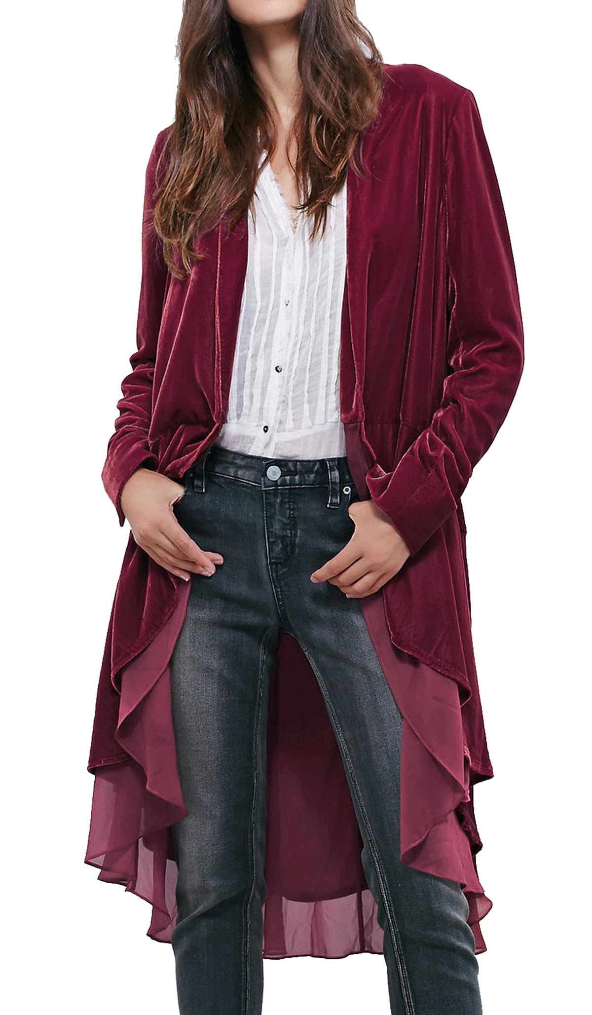 R.Vivimos Autumn Winter Women Velvet Ruffle Coat Casual Vintage Long Jacket Collarless Classic Swallowtail Hem Blazer(XLarge,Mulberry)