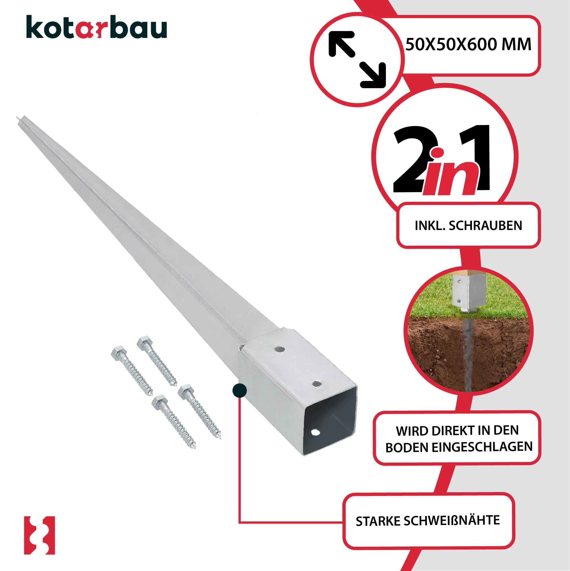 KOTARBAU® 4er Set Einschlaghülse - 600 mm - Pfostenträger zum Einschlagen - für Zaunpfosten & Holzbalken - 51 x 51 mm - Einschlagbodenhülse für Zäune & Pavillons - Stahl - Feuerverzinkt - Silber