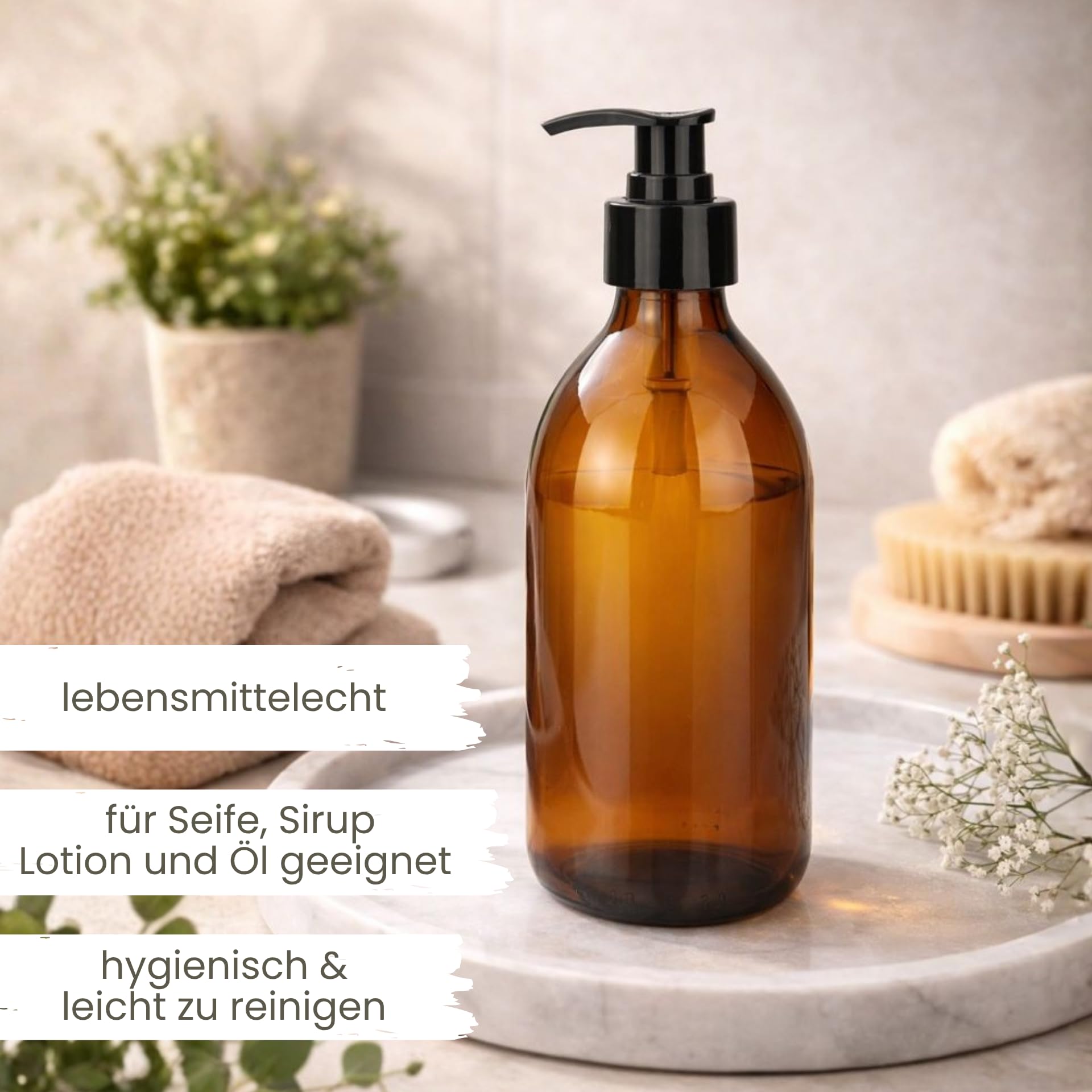 mikken Set di 2 distributori di sapone in vetro marrone 250 ml – dispenser di lozioni ricaricabili e bottiglie di pompa, senza BPA, per sapone, disinfettante, detersivo, detersivo, shampoo con imbuto