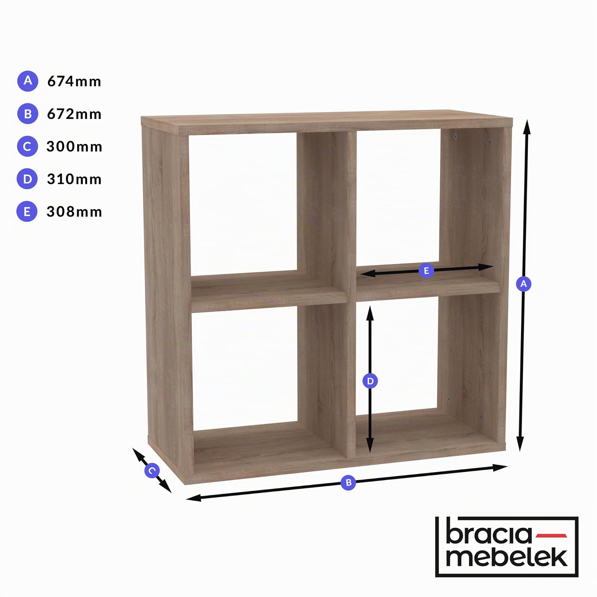 KLX Würfelregal Sonoma 2x2 – Regal Würfel mit 4 Fächern - Raumteiler Regal 67,26 x 67,4 cm - Bücherregal für Wohnzimmerund Büro