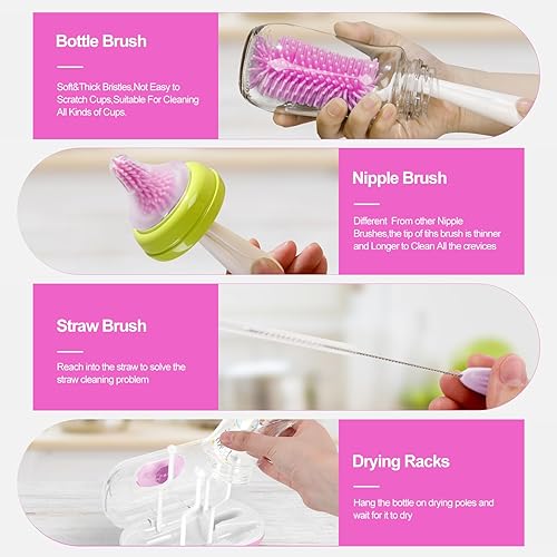 Miniatura 3 de Juego de cepillos para biberones con estante de secado, kit limpiador de biberones de viaje con cepillo para biberones, cepillo limpiador de