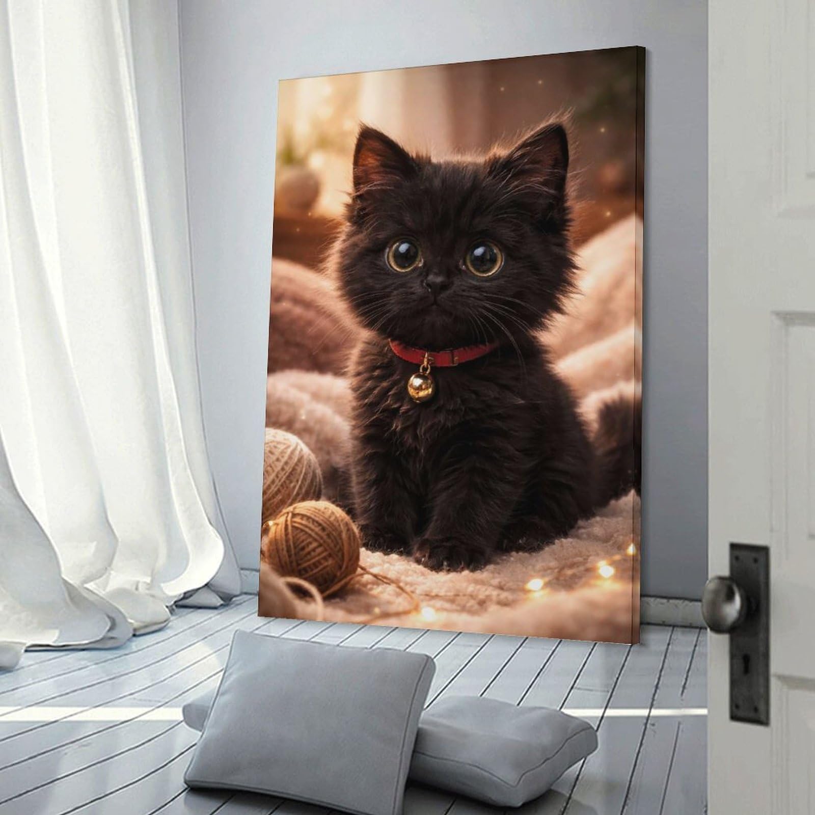Junmoney Frame-Style-18 Hanging Wall Art Adorable Black Kitten With Big Eyes, 20X30inch(50X75cm), For Gallery Wall Layouts In Home Or Office, An Easy Match For Collected Prints