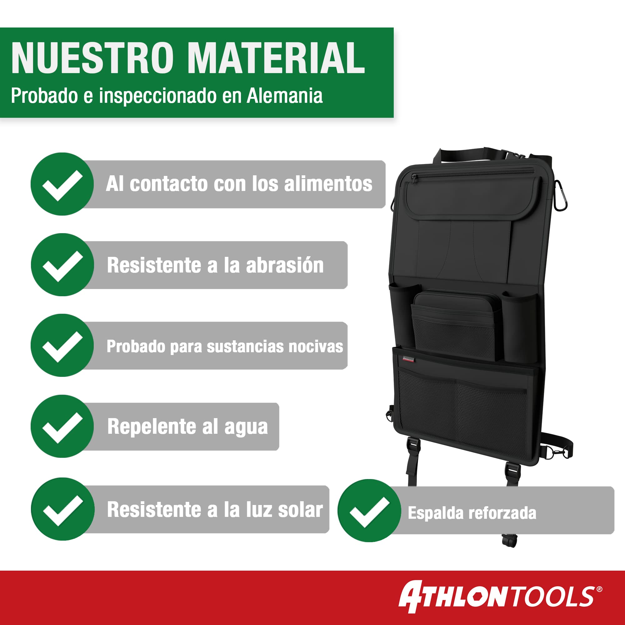 ATHLON TOOLS Organizador de asiento de coche con soporte para tablet integrado, parte trasera reforzada, con estuche extra para lápices, para negocios y niños, diseñado en Hamburgo