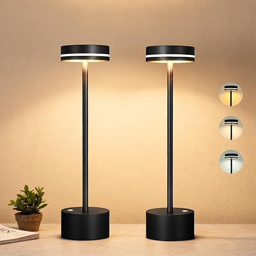 Miniatura 10 de Paquete de 2 lámparas de mesa inalámbricas recargables, lámpara de escritorio táctil, batería de 5000 mAh, luz LED regulable de 3 colores, pequeña