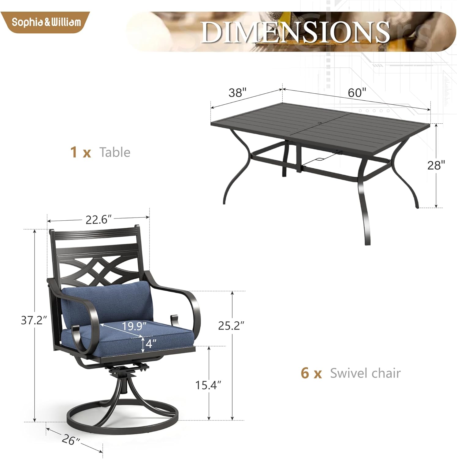 Sophia and William Swivel Patio Dining Set for 6, Outdoor Table and Chairs, Removable Seat Cushions, 60" Black Patio Dining Table,Blue