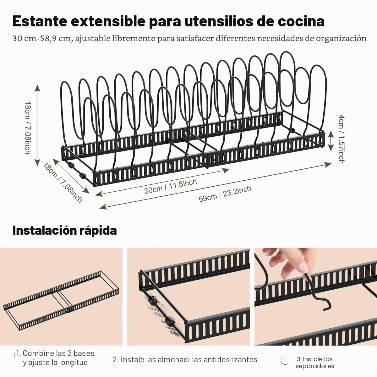 Housolution Organizador de Ollas y Sartenes, Extensible Organizador Tapas Ollas con 14 Compartimentos Ajustable, Soporte Tapas Ollas y Sartenes para Cocina, Negro