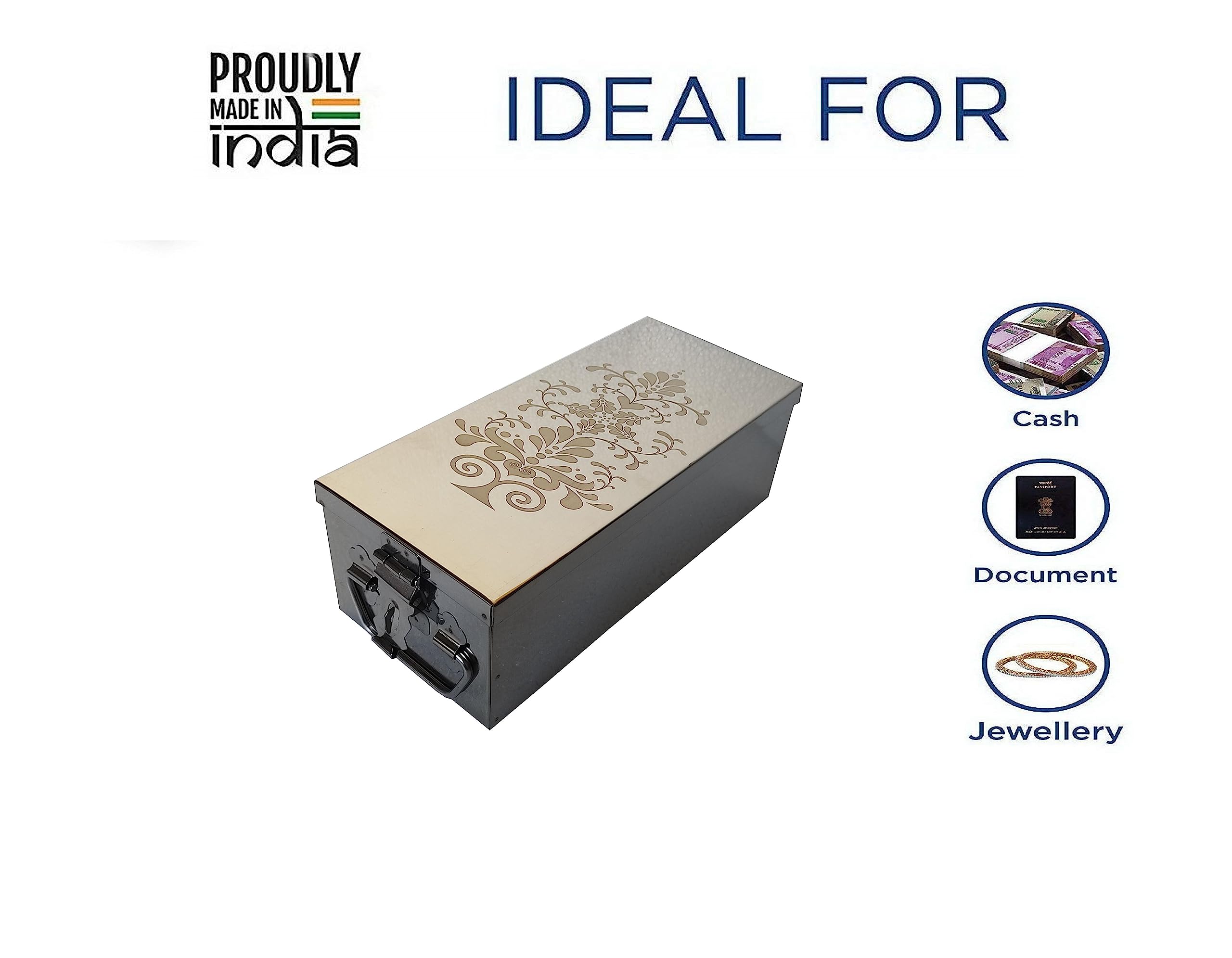 GinoSet Steel Locker Boxes Jewellery & Cash Peti Size - 12.2 Inch With Laser Printed Design (Steel) (12.2 x 5 x 4.5 INCH) (liflowBig) 1