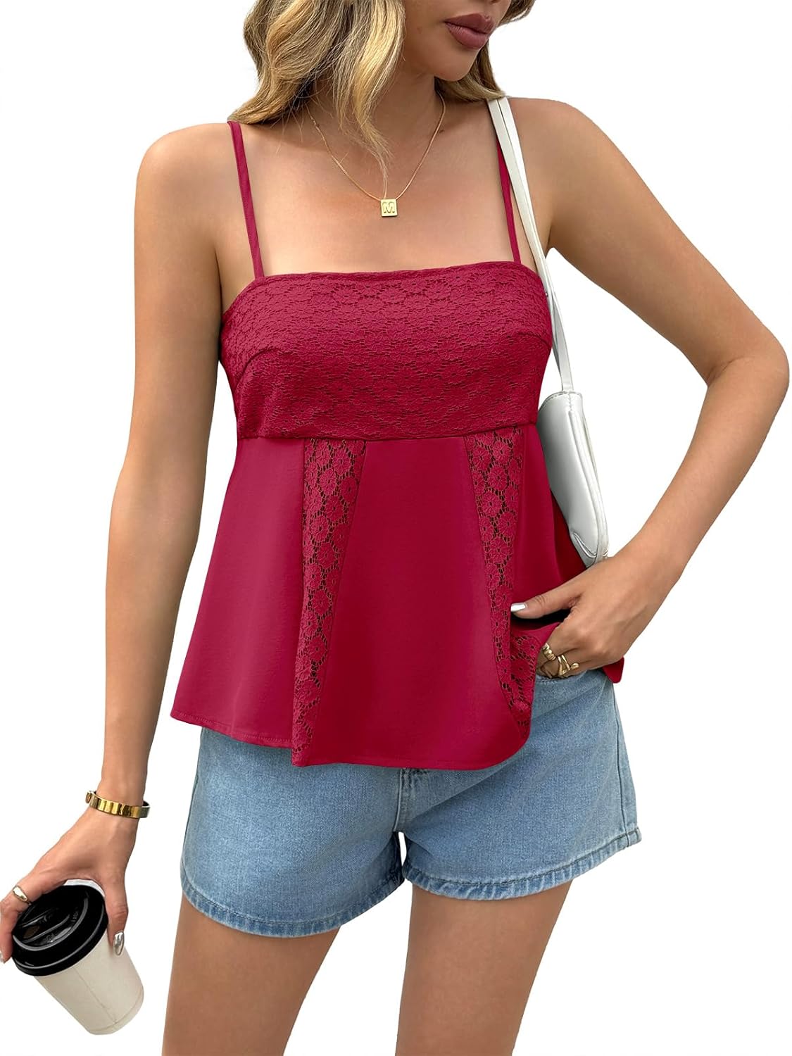 Yousify Womens Spaghetti Strap Tank Tops Summer Lace Crochet Cami Shirts Cute Square Neck Flowy Peplum Camisole - Image 2