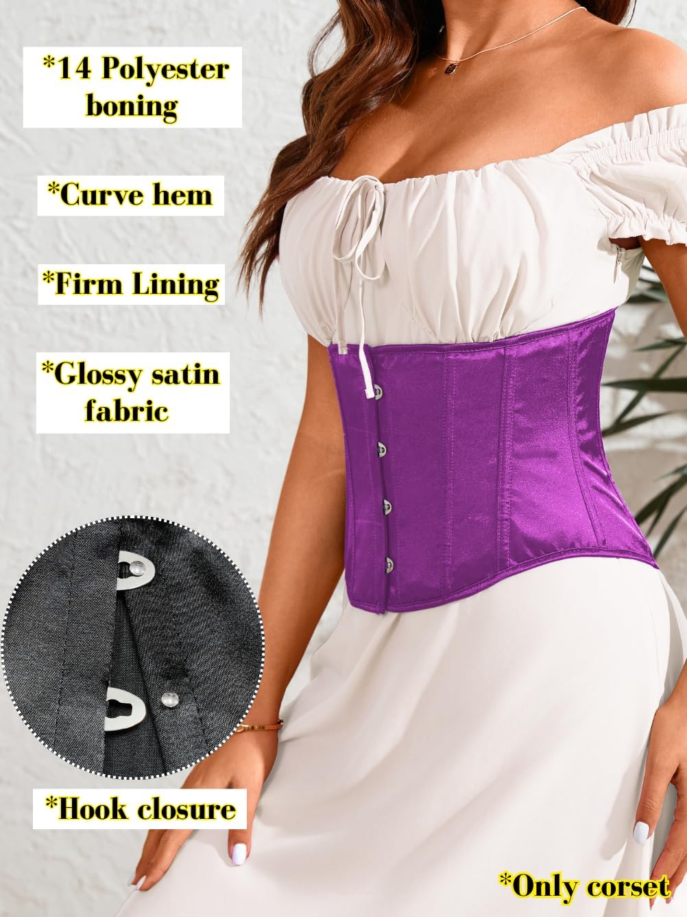 Kaei&Shi Women Cute Satin Underbust Corset Belt,Goth Lace Up 14 Soft Boned Waist Cincher Fit 0-14 - Image 2