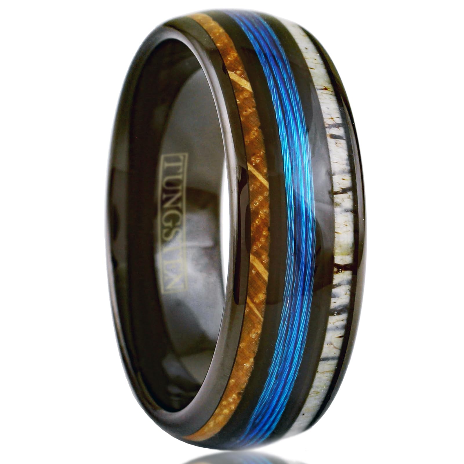 Stunning Unique 6mm/8mm Polished Black Tungsten Carbide Low Dome Band Ring with Fishing Line Between Whiskey Barrel Oak Wood and Deer Antler Inlays.