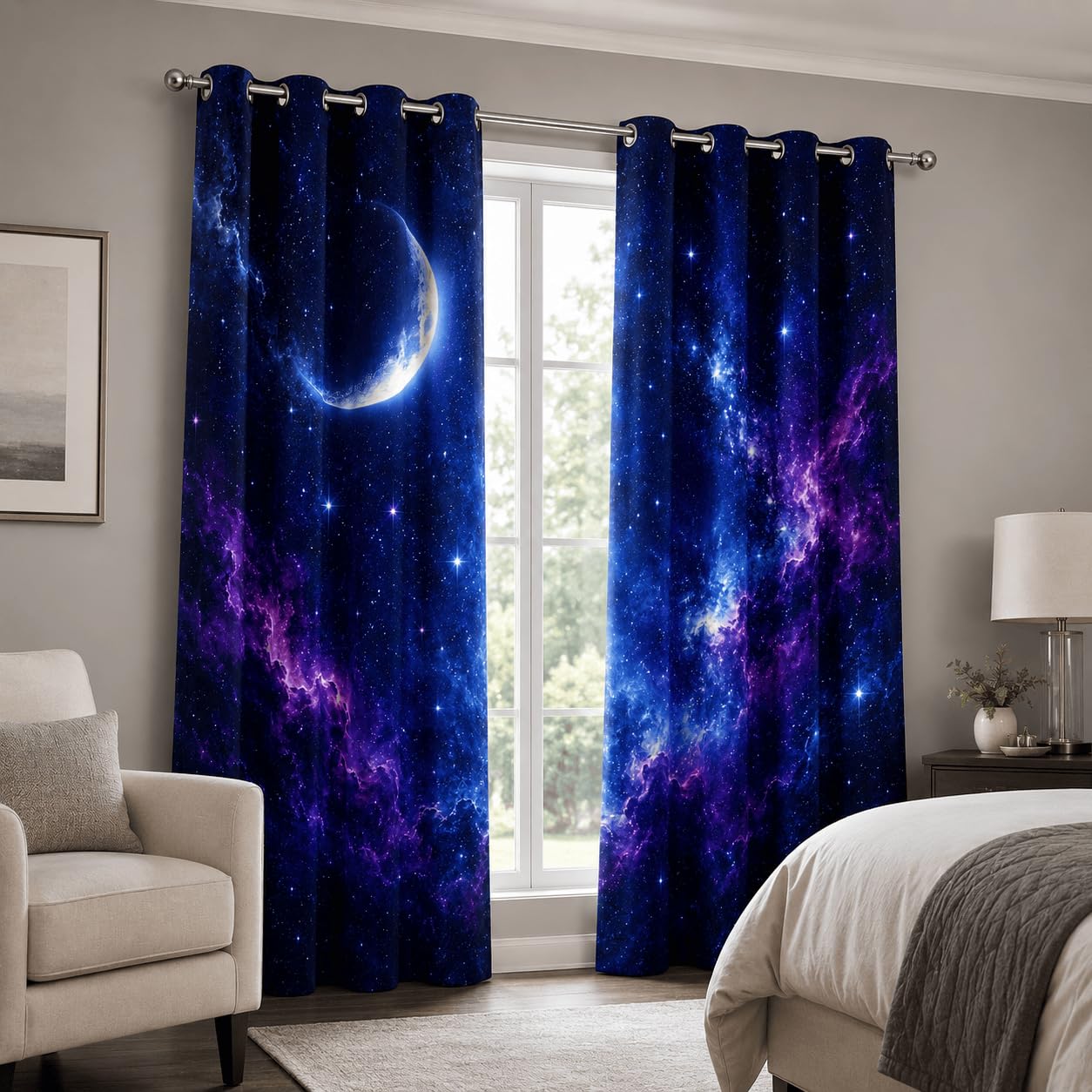 Tende Oscuranti Cielo stellato 3D con Occhielli, 2 Pezzi, 117x137 cm | Tende Termiche Isolanti Luna, Ideali per Camera da Letto, Soggiorno e Cucina, Morbide e Decorative