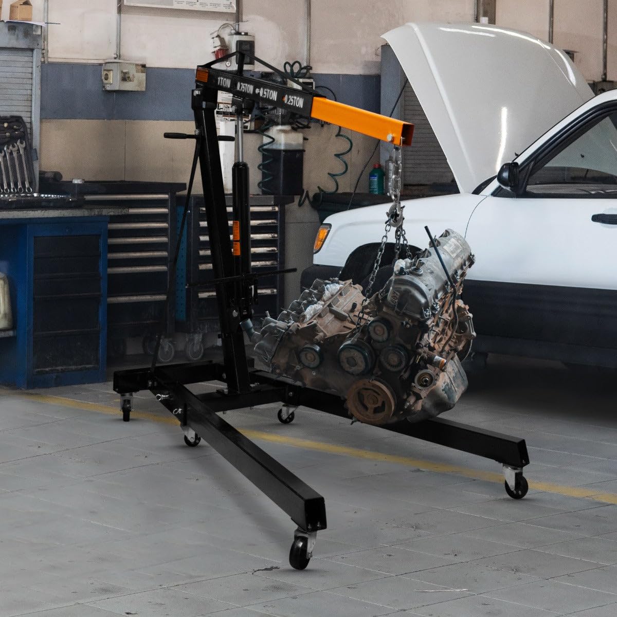 Gru per motori Idraulica T-Mech da 1 tonnellata Pieghevole con verricello alza motori auto, 6 Ruote per comodi spostamenti in Garage Officina 4 posizioni da lavoro Catena con Gancio in acciaio