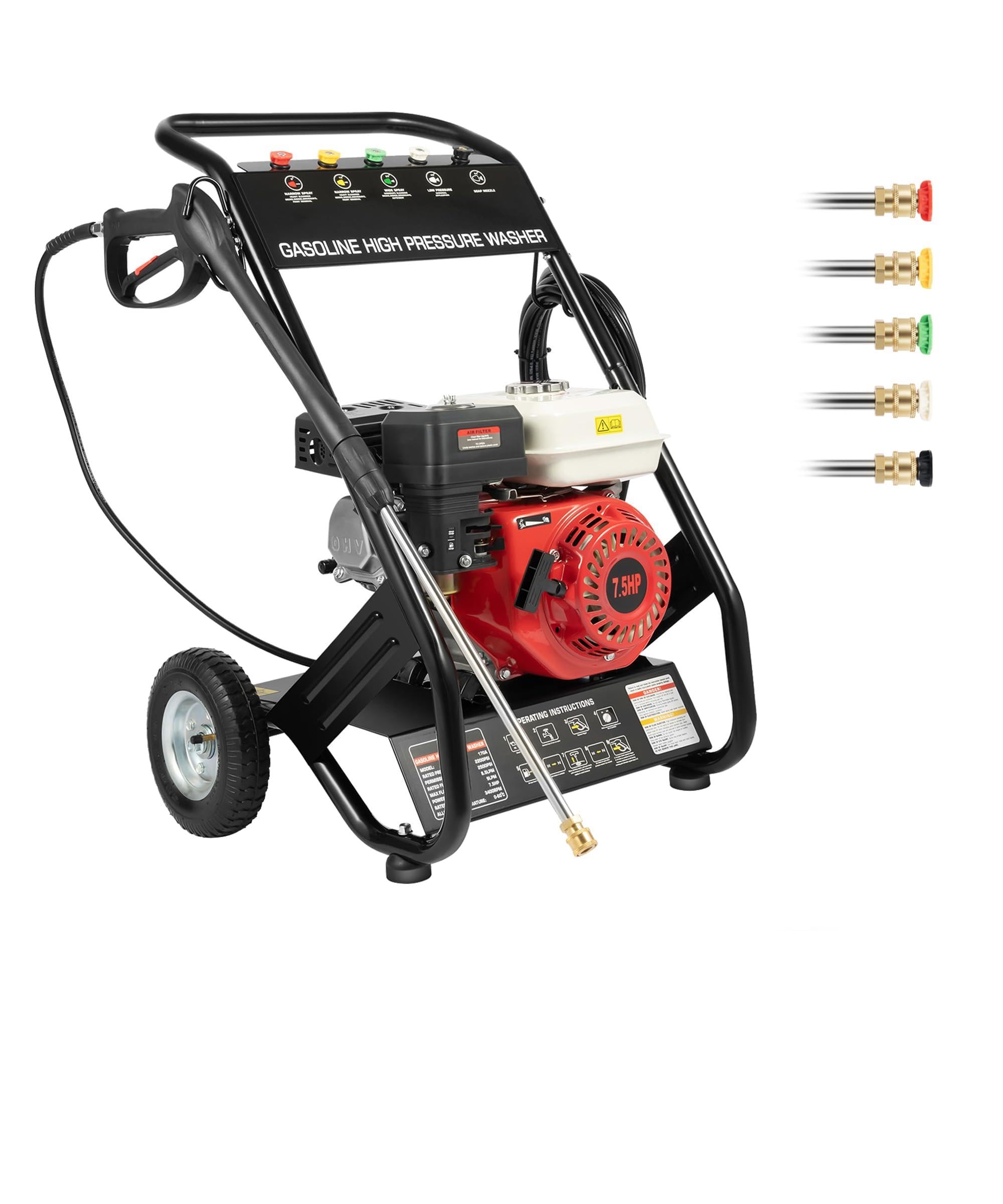 190 Bar Idropulitrice a Scoppio 4 Tempi 7,5 CV Idropulitrice Professionale Portatile con 5 ugelli | Pulitrice ad alta Benzina Auto Giardino Autoadescante con tubo da 10 m | 2200 PSI 2.3 GPM