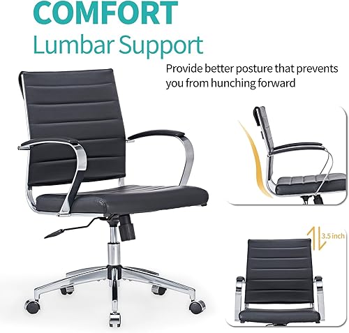 Miniatura 6 de Silla de oficina de cuero negro moderna de mediados de siglo con reposabrazos, silla de escritorio giratoria ajustable para oficina en casa, silla