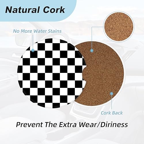 Miniatura 4 de Posavasos a cuadros negros y blancos para portavasos de automóvil, paquete de 2 posavasos de automóvil para automóvil, posavasos absorbentes de