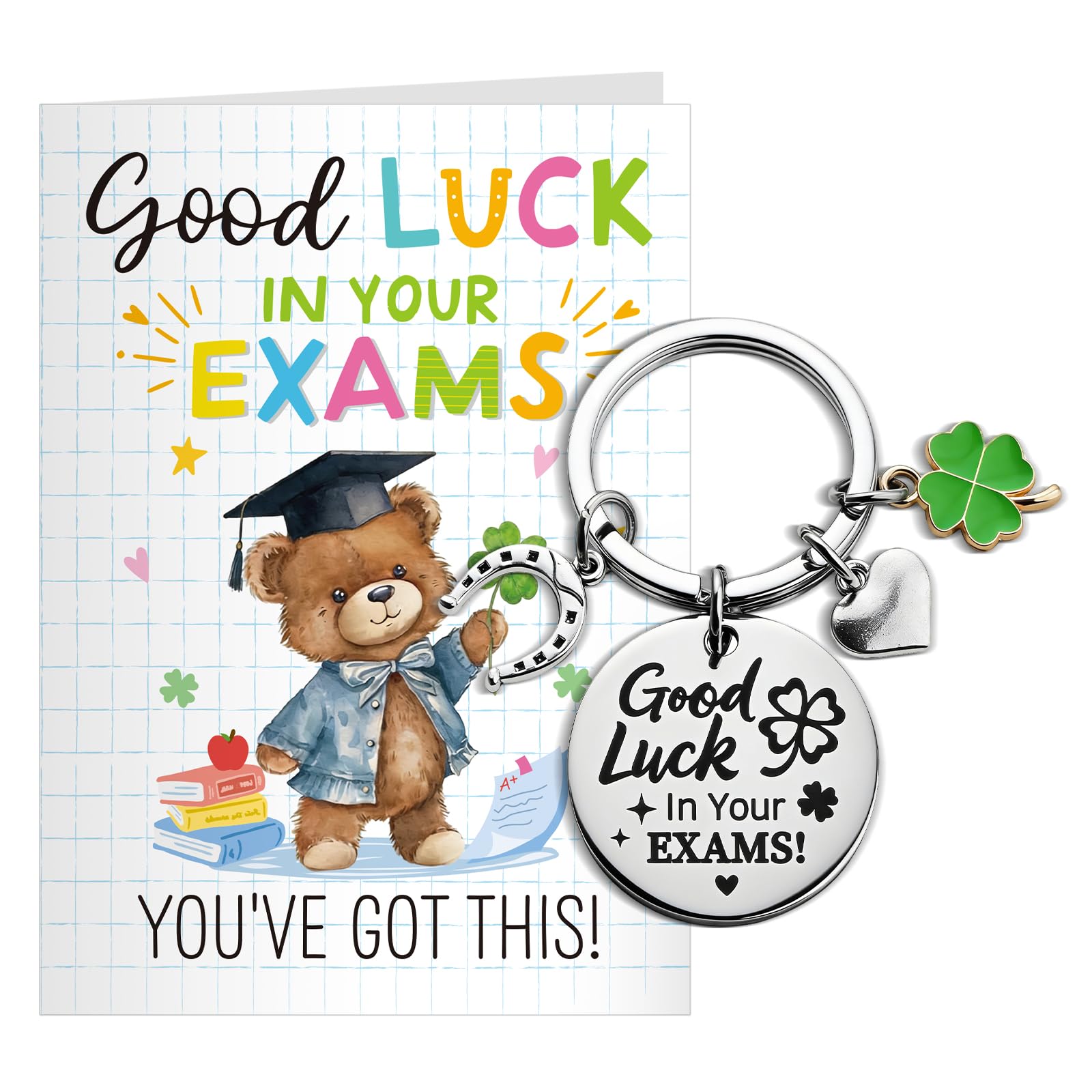 DOORIO Good Luck in Your Exams Gifts, Good Luck Keyring Gifts for Exams Four Leaf Clover Keyring with Good Luck Card for Boys Girls