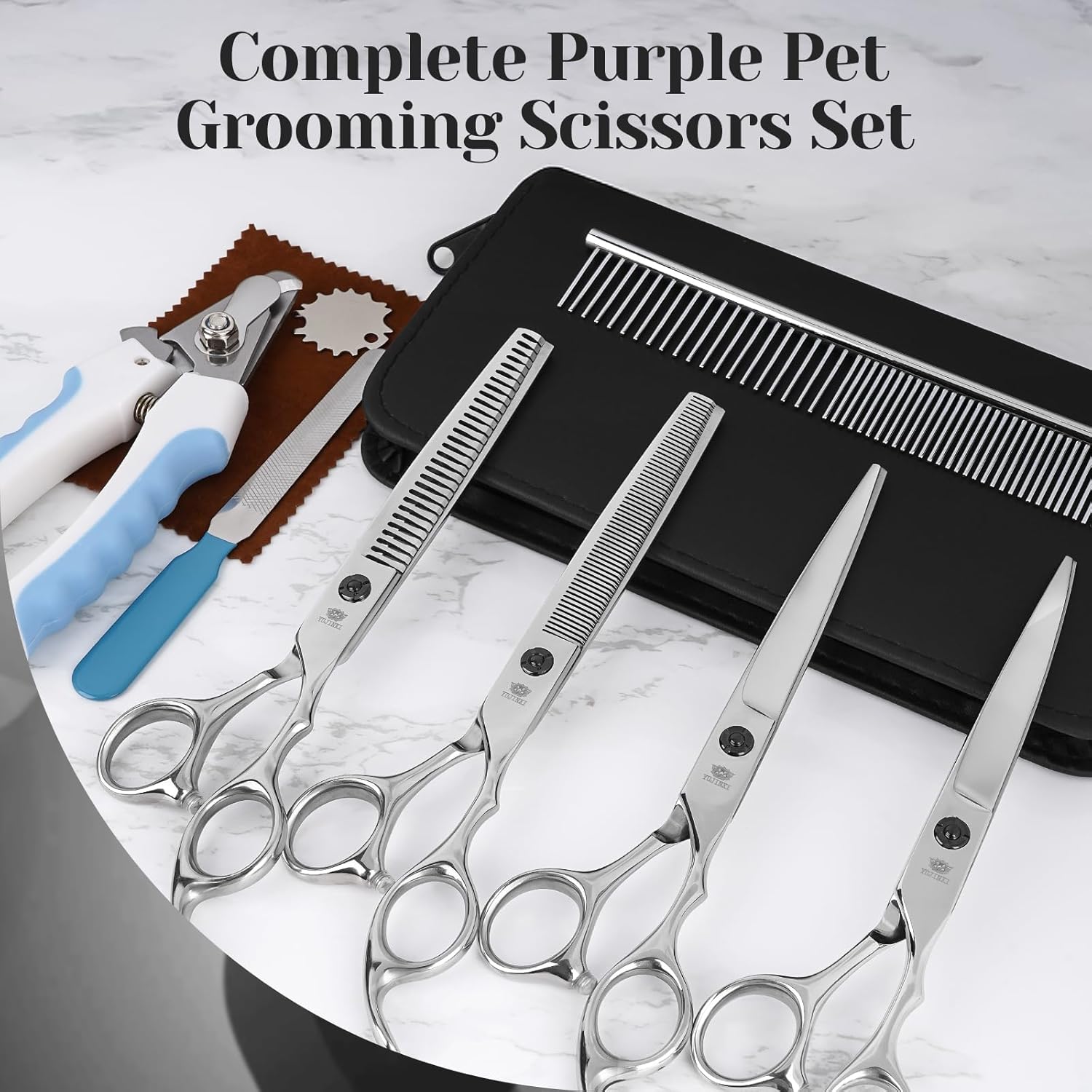 Dog Grooming Scissors Set – 6 in 1 Silver Pet Grooming Kit with Curved, Thinning, Chunker & Straight Shears + Comb – 440C Stainless Steel, Sharp & Durable for Dogs & Cats