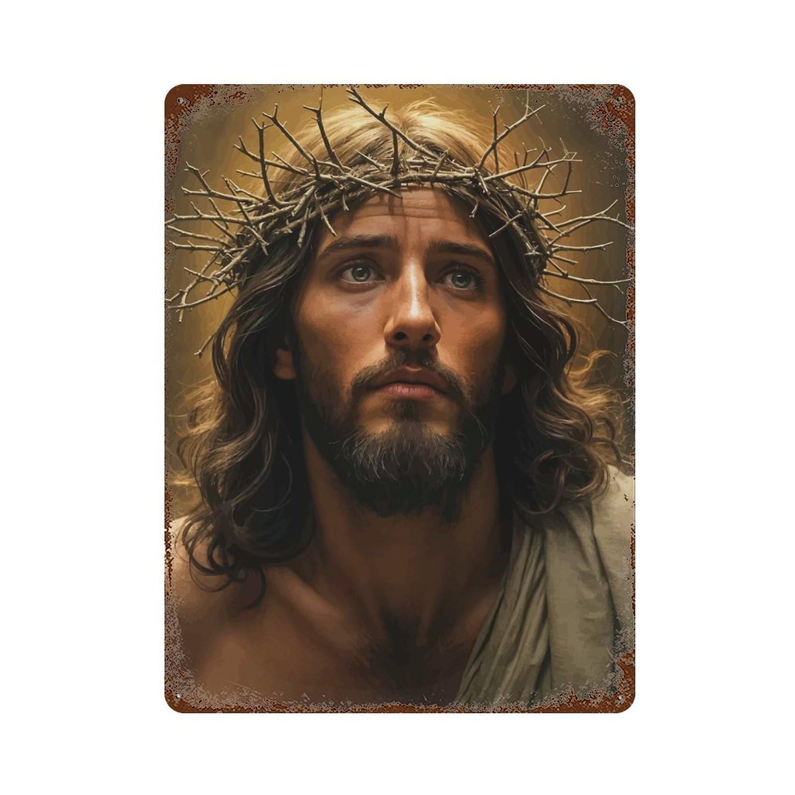 Weathered Tin Sign Jesus And The Crown of Thorns 15.7"x11.8", Rustic Home Decor for Bistro, Counter And Cafe Decor