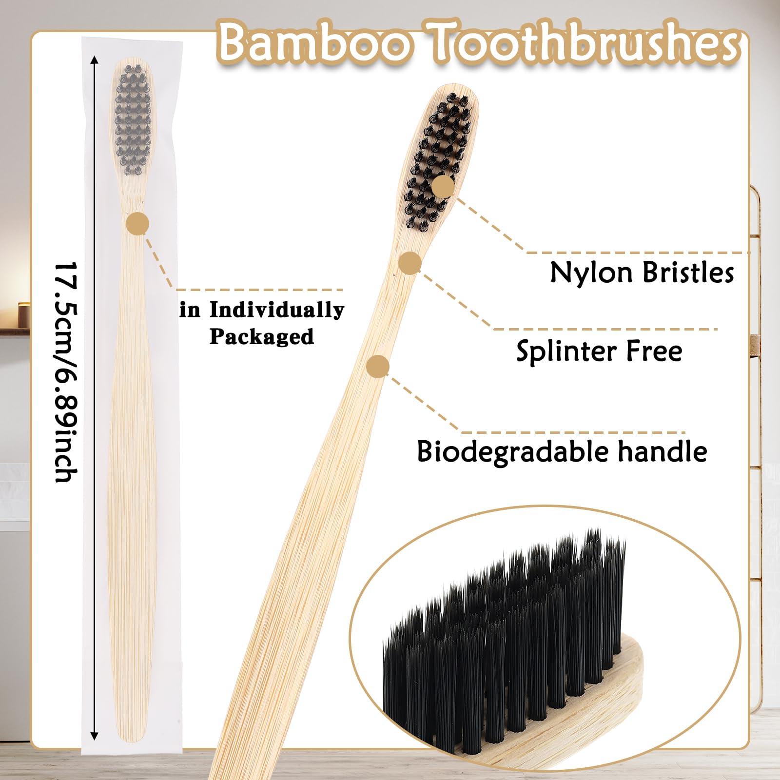 Vesici 200 cepillos de dientes de bambú a granel de cerdas suaves con micro pelo ultra madera de bambú cepillo de dientes manual para adultos, viajes, familia, hotel, empaquetado individualmente