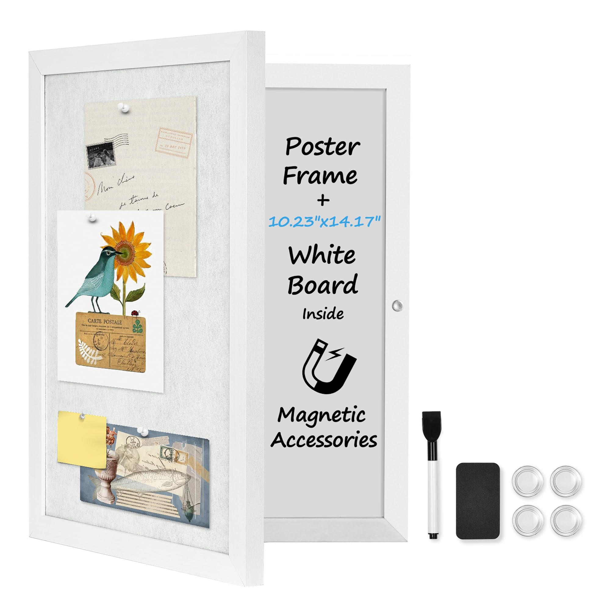 YCCYYCCY White Wooden Frame Bulletin Board with Felt, 11.8 x 15.7 inch / 30x40cm Enclosed Whiteboard Inside, Secret Pinboard and Whiteboard for Office