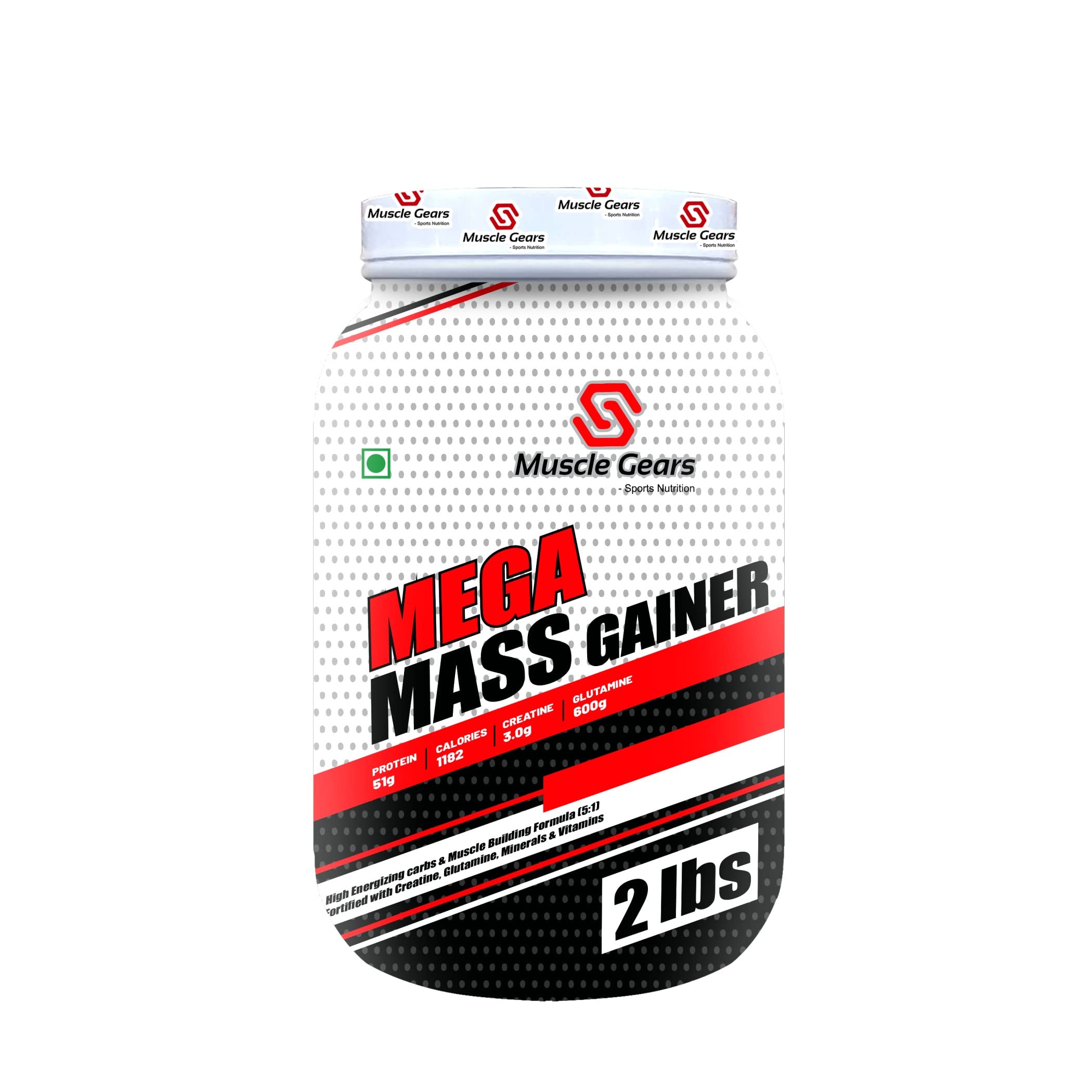 Muscle Gears Mega Mass Gainer - 51g Protein, 1182 Calories, 3g Creatine, 600mg Glutamine - Balanced Nutrition with Complex Carbs & Essential Nutrients - Vanilla Flavor, 2lbs