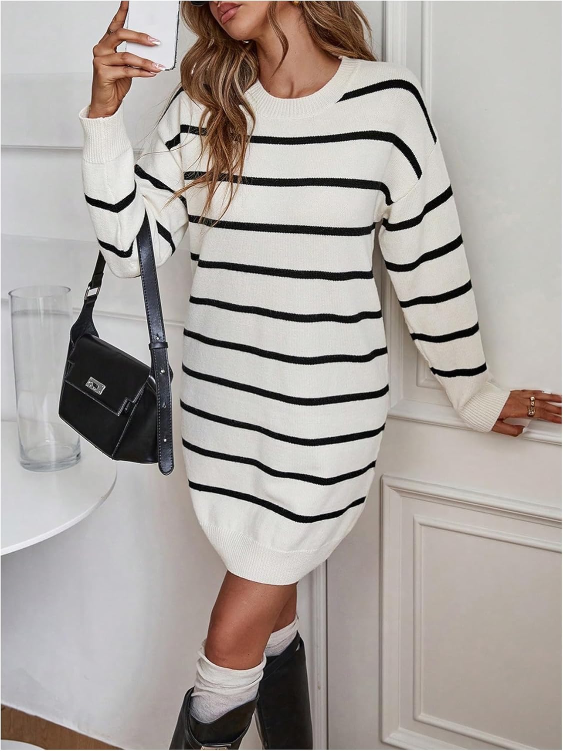 GORGLITTER Women's Striped Oversized Sweater Dress Crew Neck Long Sleeve Trendy Cozy Knit Mini Dresses Fall Fashion - Image 3