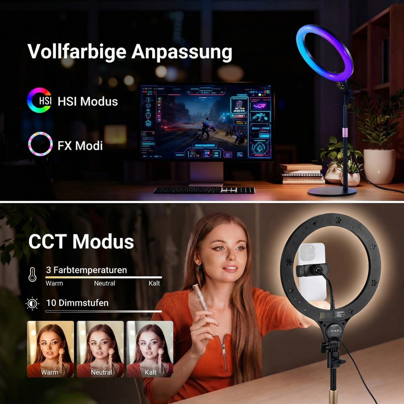 NEEWER Entry Level Version 10,5" RGB Ringlicht mit Tischständer Handyhalterung kompatibel mit iPhone Fernbedienung, 10W CRI85+ LED Videolicht für TikTok YouTube Streaming Aufnahmen Laptop Zoom, N37