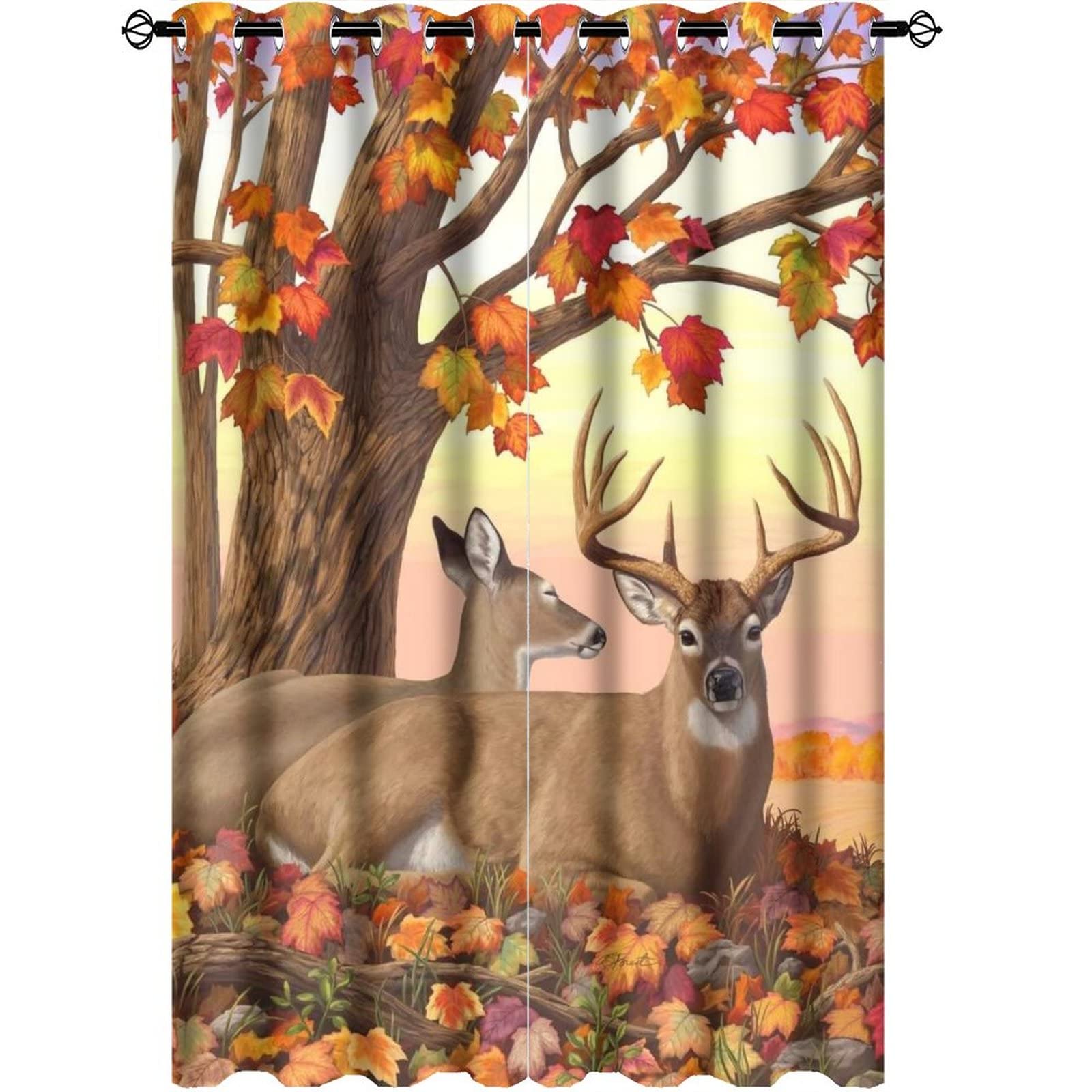 GUANB Forest Animals Kitchen Windows Curtains Autumn Maple Leaves Whitetail Deer Thermal Insulated Room Darkening Curtain/Panel/Drape for Bedroom, W42 x L63 Inch