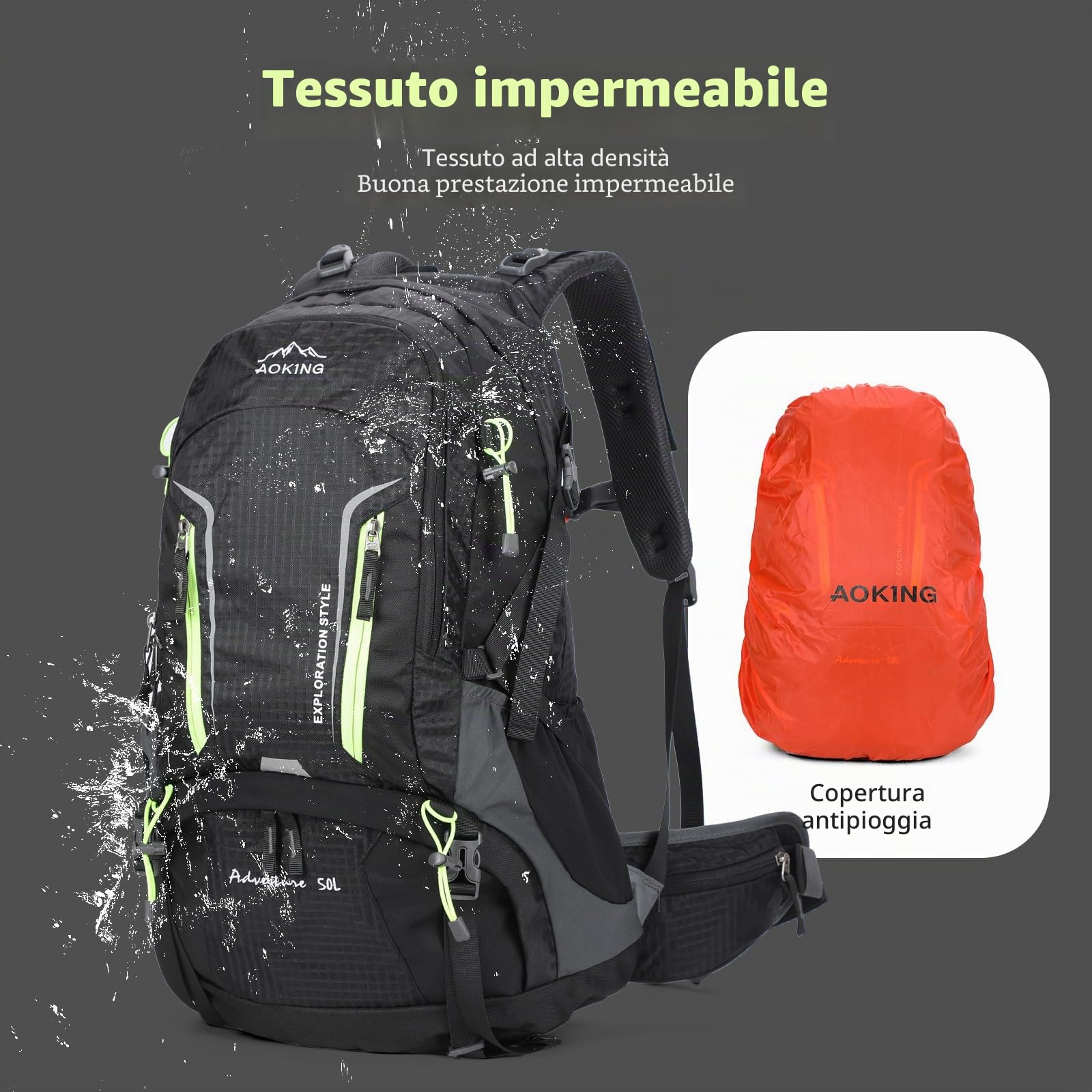 Aoking, YJN67363, zaino per escursionismo/arrampicata, 50 l, elementi standard: scheda in rete per airflow rimovibile, impermeabile, fischietto SOS