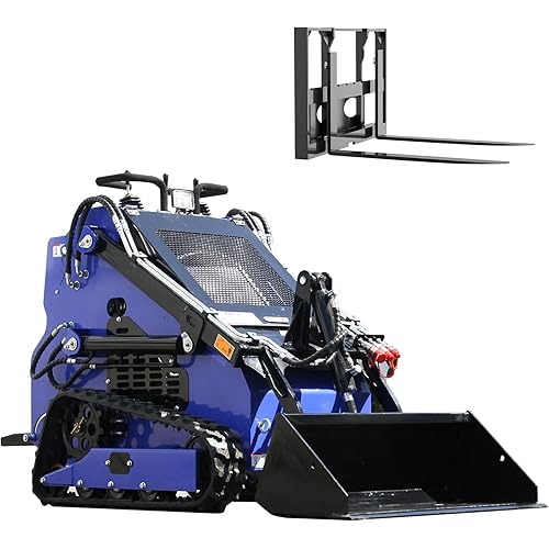 Stand-On Mini Skid Steer Loader Crawler Compact 22 HP Gasoline Engine,W/Bucket,R,adiatorAttachment,Industrial Tracked Machine for Landscaping, Farming (Machine +Pallet Fork)