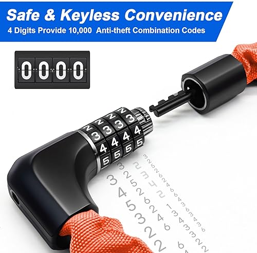 Miniatura 4 de NDakter Cerradura de cadena para bicicleta mejorada con combinación de 4 dígitos y 2 llaves, cerradura de bicicleta antirrobo resistente de 3.2/4.28