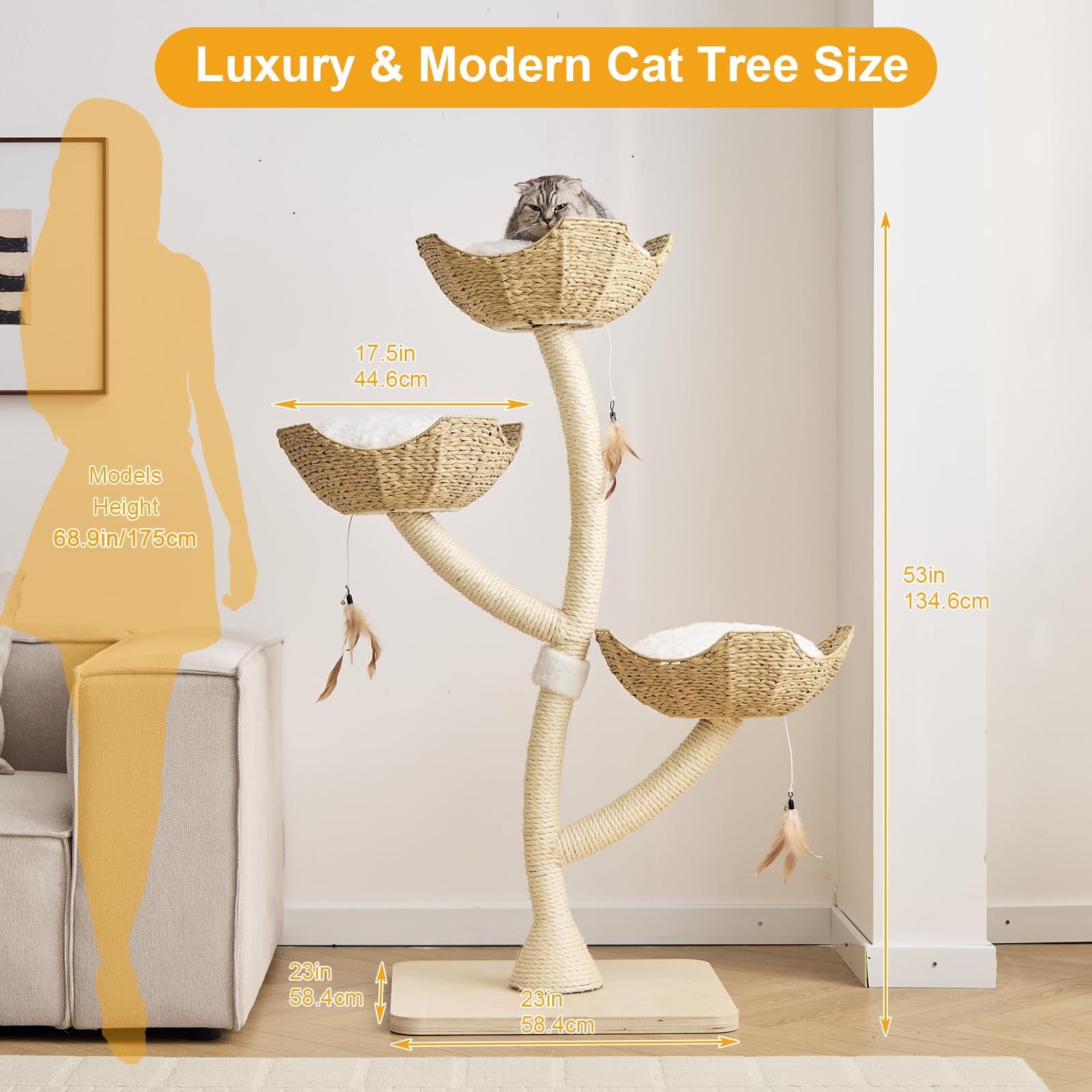 52” Tall Modern Cat Tree Tower for Large Cats| Cat Scratching Posts with Hand Woven Baskets and Mats| Luxury Cat Condo for Multiple Cats | Cat Furniture for Gifts ?52” Natural?