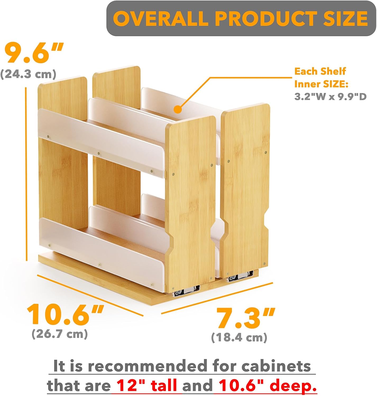 SpaceAid Bamboo Pull Out Spice Rack Organizer for Cabinet, Heavy Duty Slide Out Seasoning Kitchen Pantry Sliding Vertical Organization, 7.3" Wide, 2 Drawers(3" Wide), 2-Tier, Natural image 3