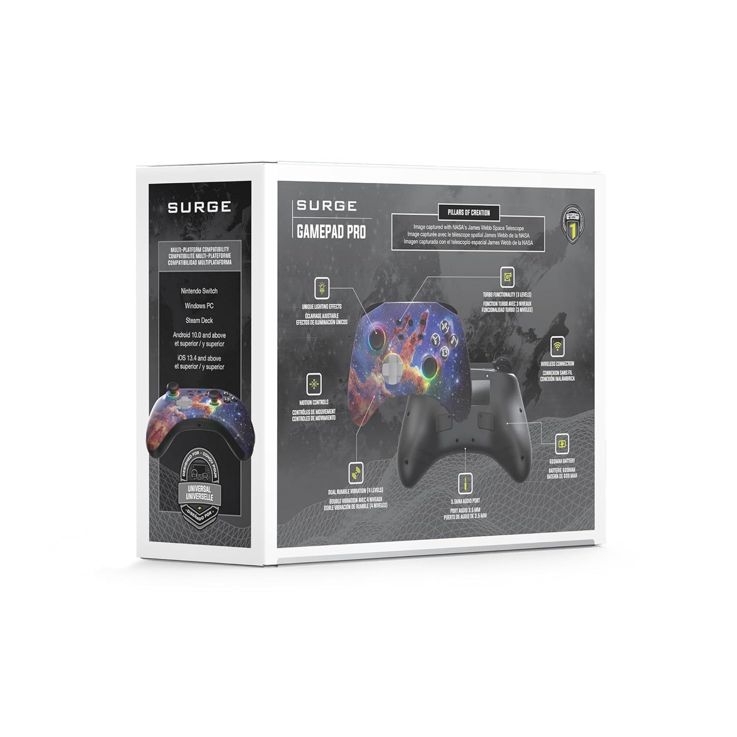 Graphic highlighting 2 macro buttons, 20ft wireless range, and 600mAh battery