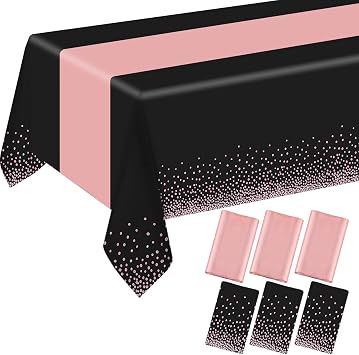 6 Pack Rectangle Plastic Dot Tablecloth Set, 54 X 108 Inch Plastic Table Cover, 12 x 108 Inch Satin Table Runners for Wedding Graduation Birthday New Year Party Decorations Black, Rose Gold