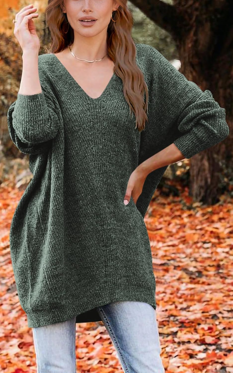 PRETTYGARDEN Women's Pullover Sweater Dress Casual Long Sleeve Ribbed Knit V Neck Loose Oversized Sweaters Dresses - Image 5