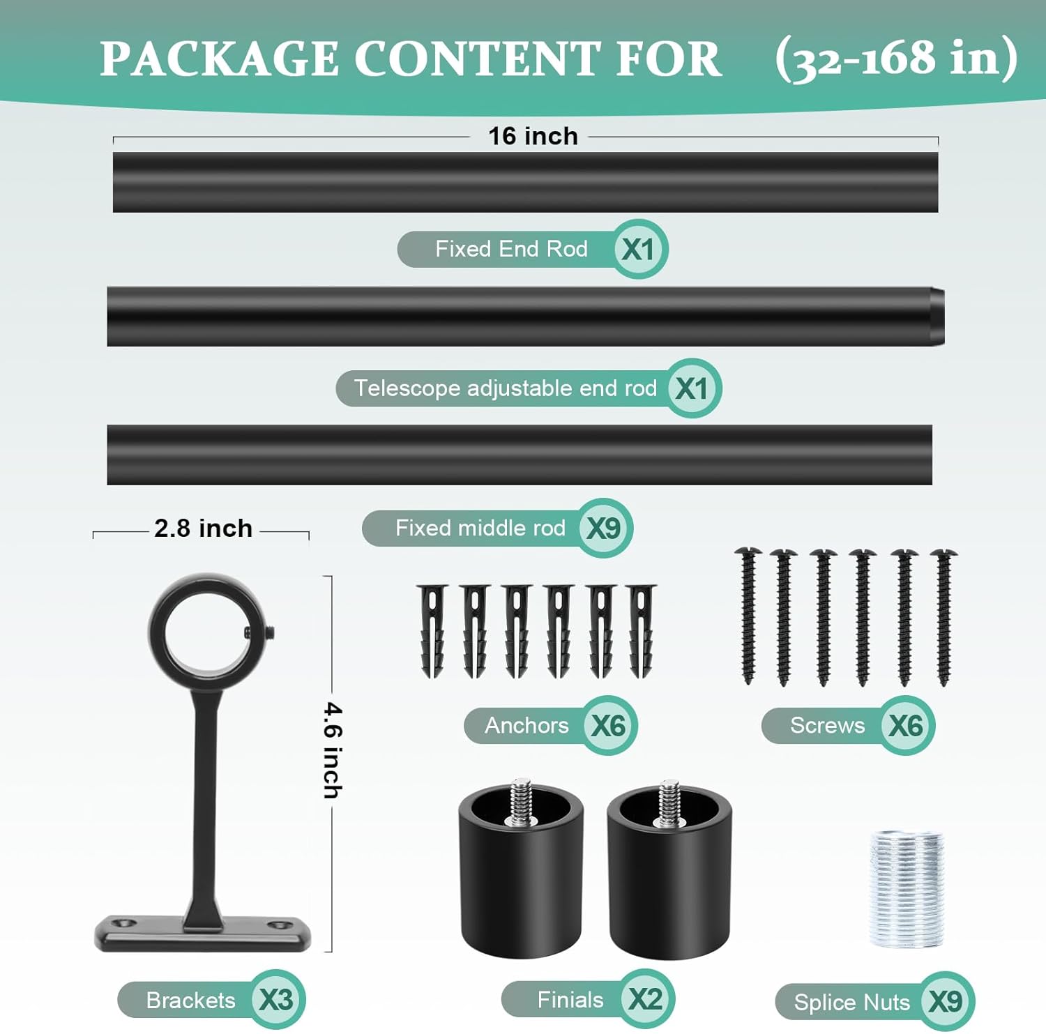 Curtain Rods for Windows 120 to 170 Inches Long, Adjustable 1 Inch Black Curtain Rod for Outdoor Indoor, Modern Heavy Duty Drapery Rod, Ceiling Mount 14ft Room Divider, All Metal, Easy Install