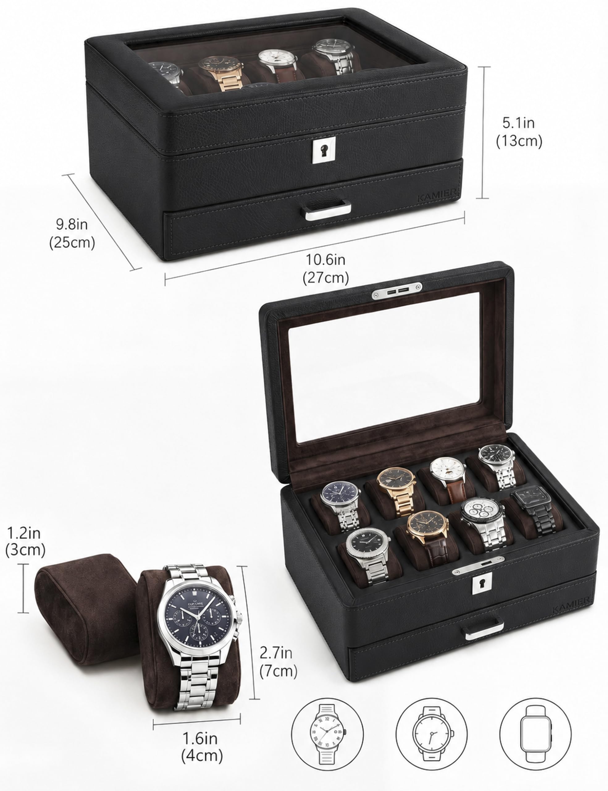 KAMIER Uhrenbox mit 8 Fächern,Uhrenkasten mit Transparentem Deckel,2 Ebenen