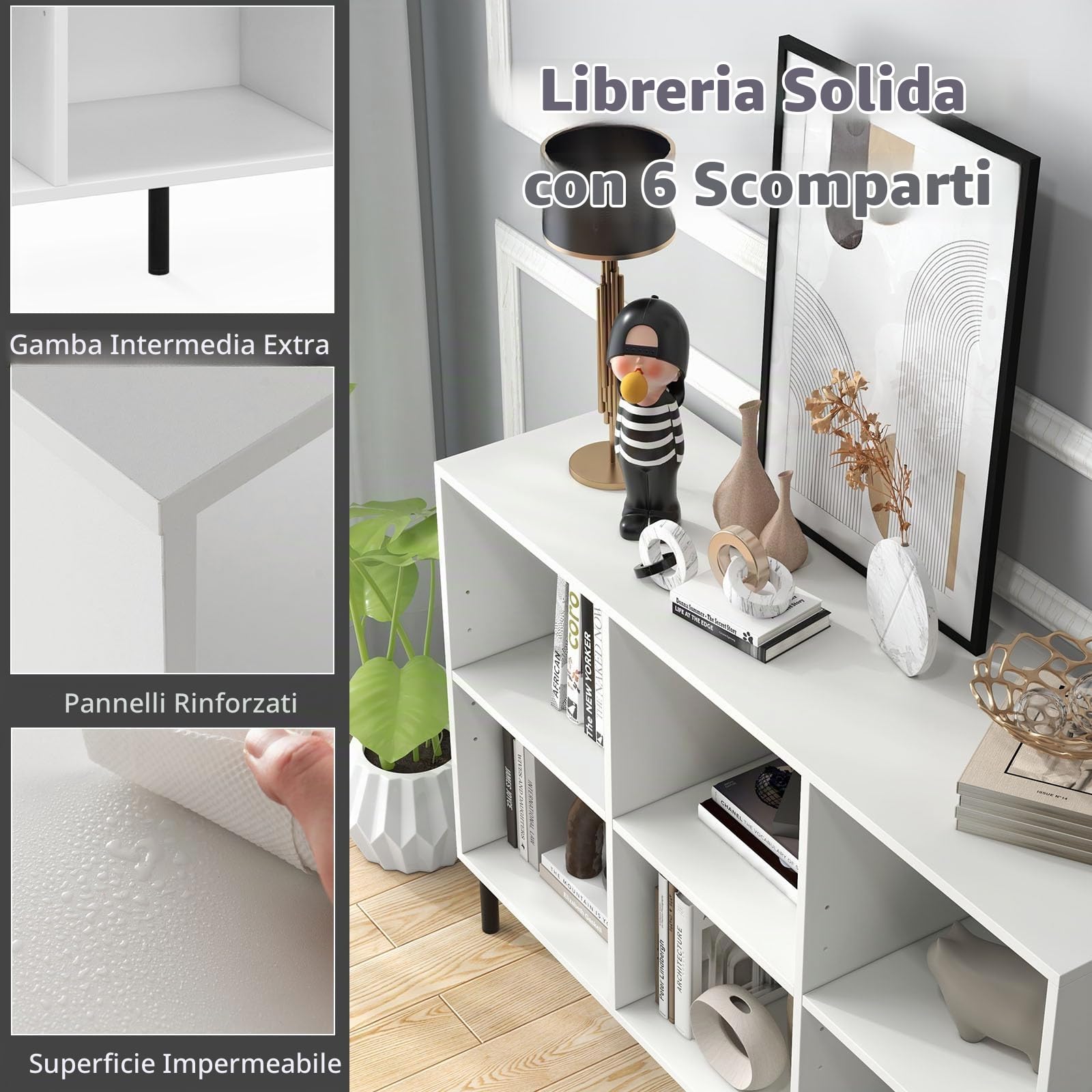 HOMASIS Scaffale a 6 Cubi, Libreria Bassa con Mensola Regolabile, Salvaspazio da Terra a 2 Livelli in Legno, Divisorio per Soggiorno, Studio, 120 x 35 x 79,5 cm (Bianco)