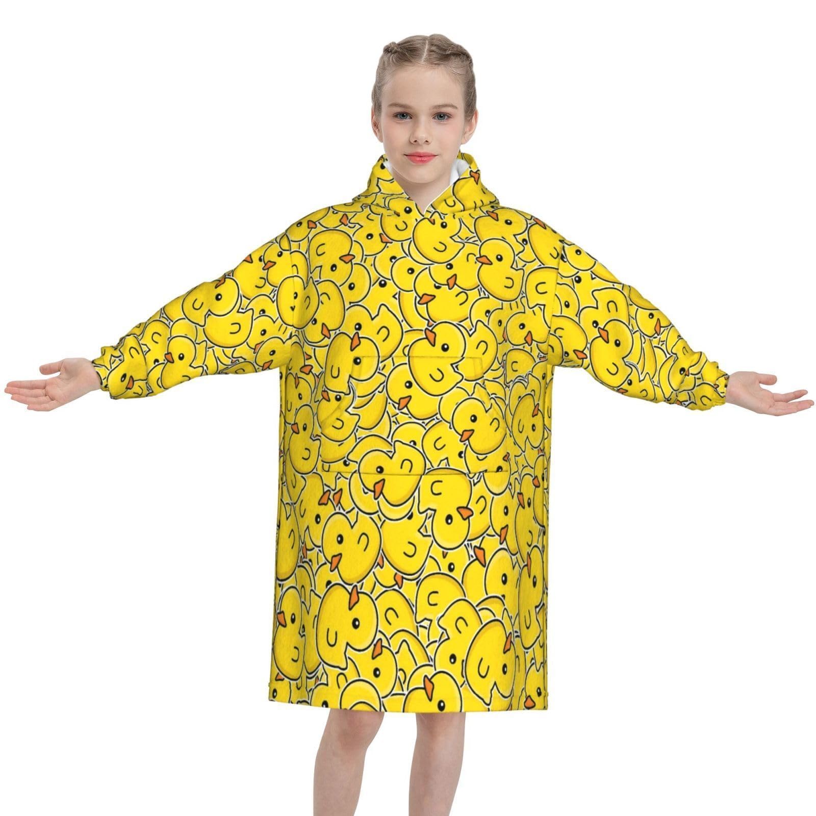 Cute Rubber Duck Wearable Blanket Hoodie for Kids, Oversized Flannel Fleece Sweatshirt, Cozy Blanket Hoodie with Pocket, Gift for Girls Boys Teens