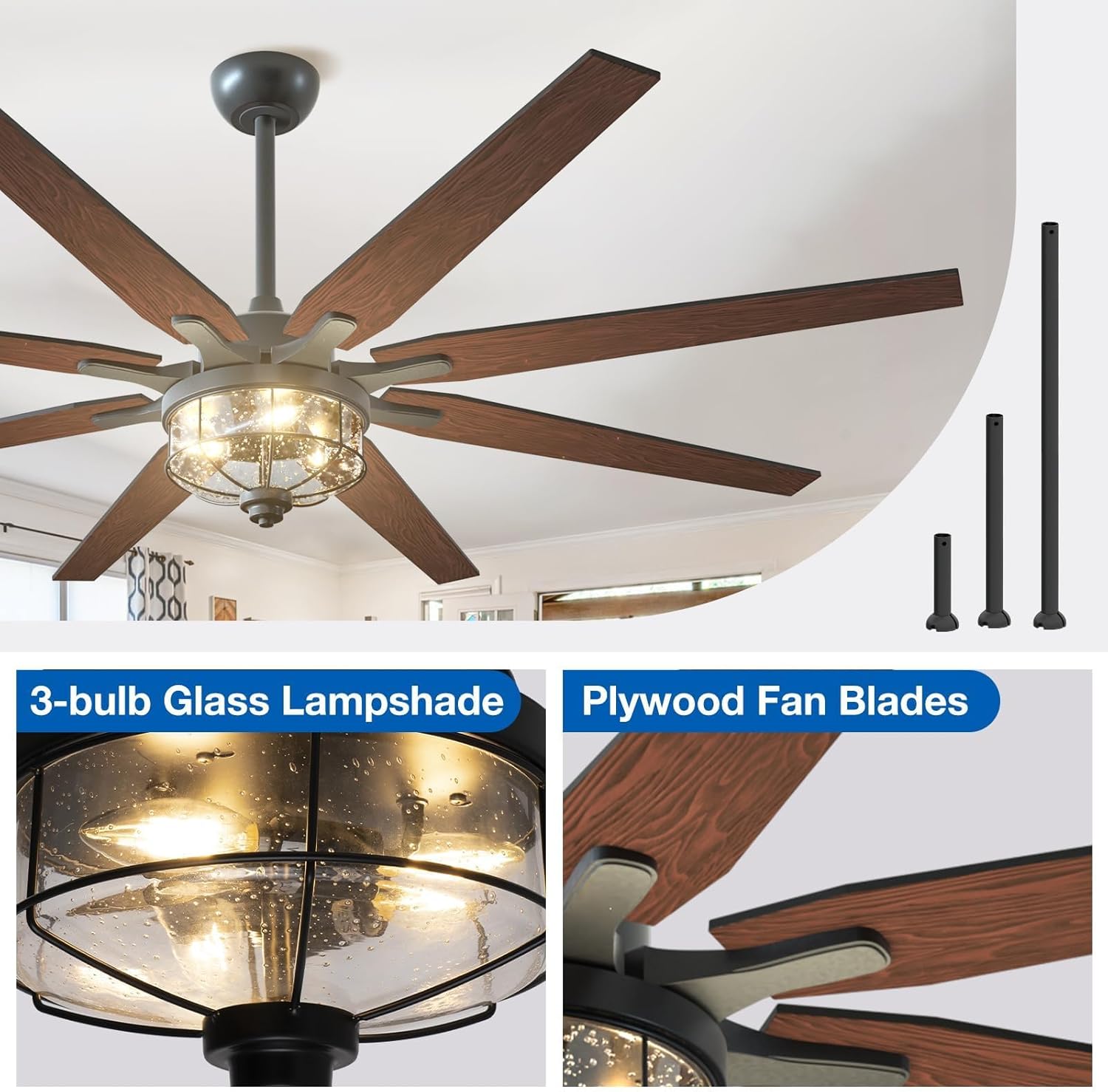 Amico Ceiling Fans with Lights, 65'' Indoor/Outdoor Black Large Ceiling Fan with Remote Control, Reversible DC Motor, 8 Blades, Dimmable, Noiseless, Vintage Large Ceiling Fan for Farmhouse, Bedroom