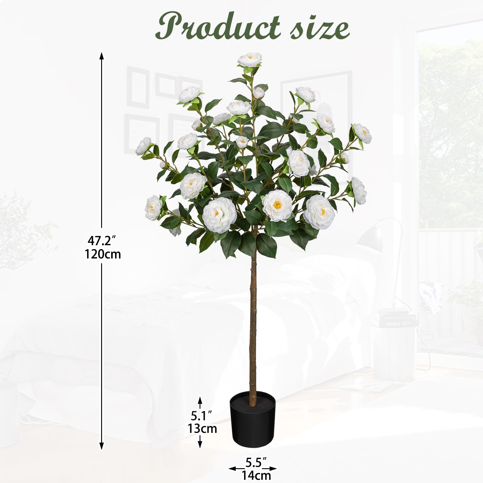 Künstlicher Kamelienbaum, künstliche Kamelienpflanze mit weißen Blumen, künstliche Blumenpflanze, blühender Baum in schwarzem Topf für drinnen und draußen, Büro, Zuhause, Haustür, Veranda, Dekoration,