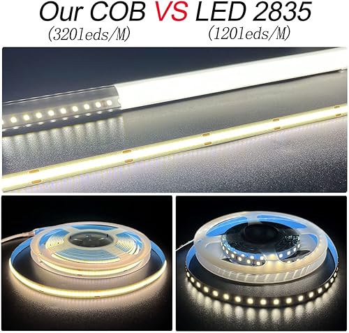 Miniatura 8 de HAMRVL Tira de luces LED COB, DC12V 16.4ft5M 320ledsM CRI90 cinta LED flexible brillante de 0.315in, para armario interior del hogar, dormitorio,