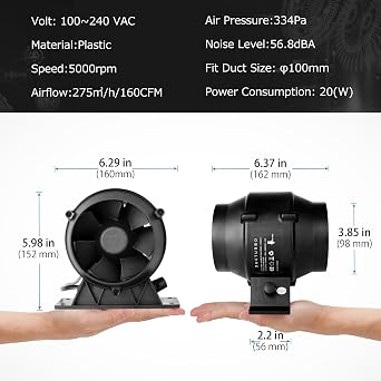 4 Inch Inline Duct Fans Plastic Housing, 160 CFM Ventilation Exhaust Fan Ideal for Indoor Heating Cooling Transfer Or Grow Tents Air Boosting, With Variable Speed Controller