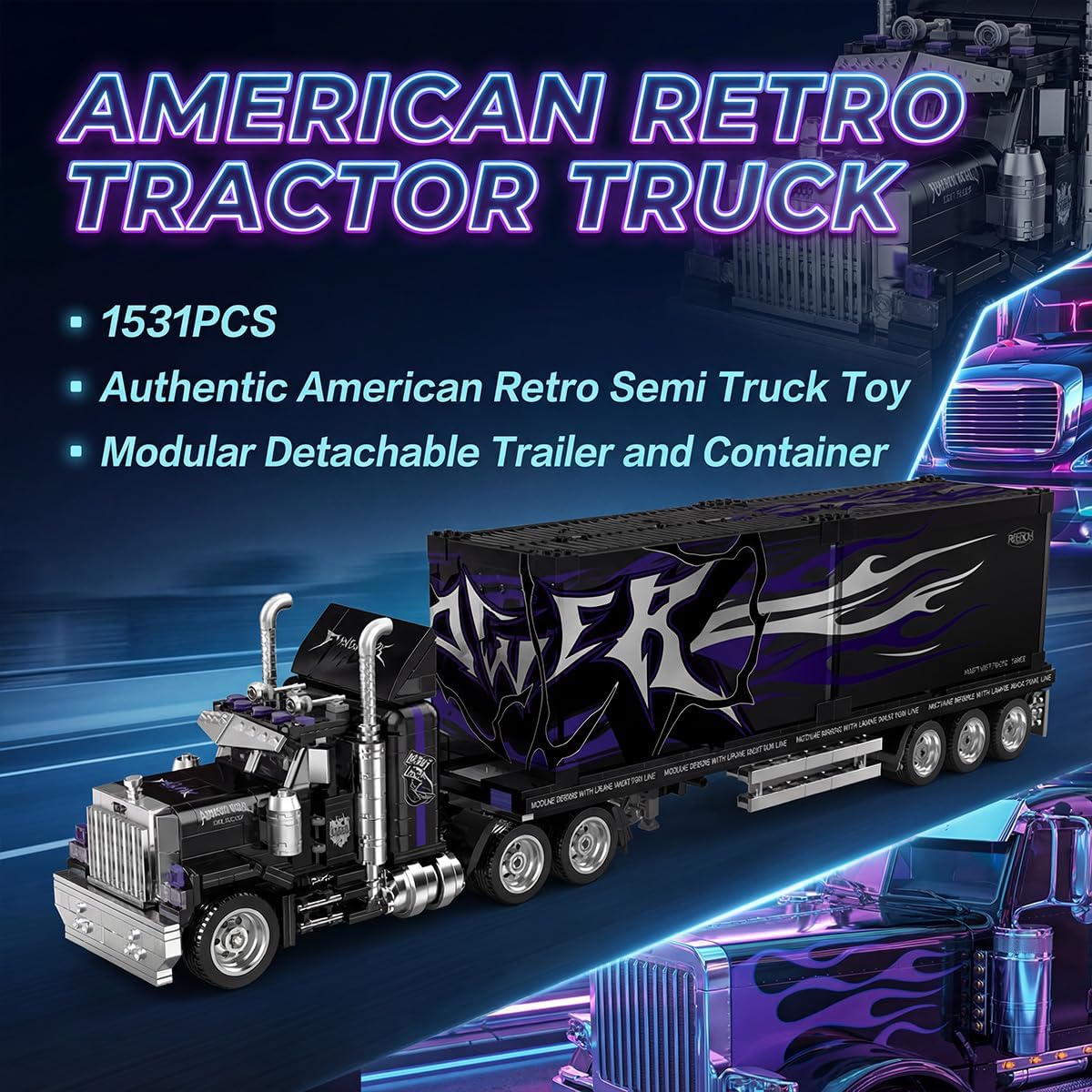 American Retro Tractor Truck Building Set, 10-Wheels Modular Detachable Semi Truck Toy for Adults and Car Enthusiasts, Car Model Kit Display Gift 1531pcs